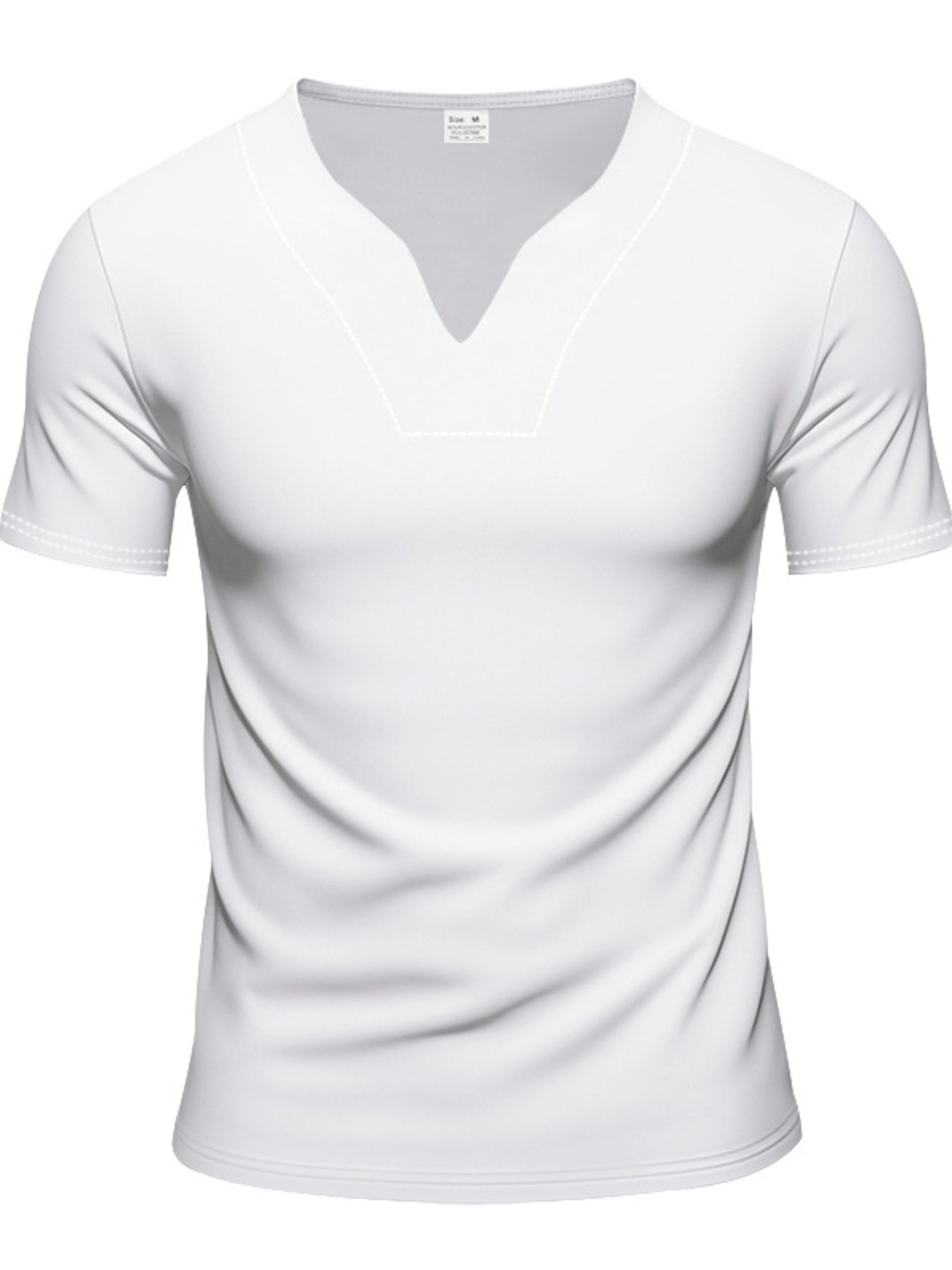 White cotton t-shirt with notched V-neck and short sleeves