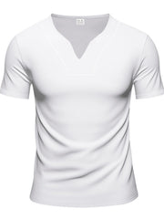 White cotton t-shirt with notched V-neck and short sleeves