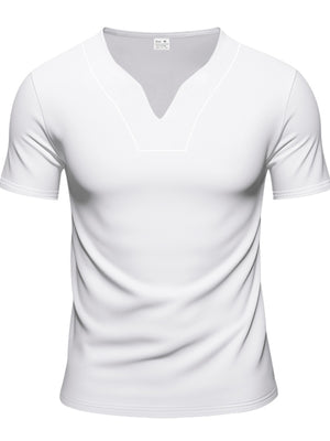 White cotton t-shirt with notched V-neck and short sleeves