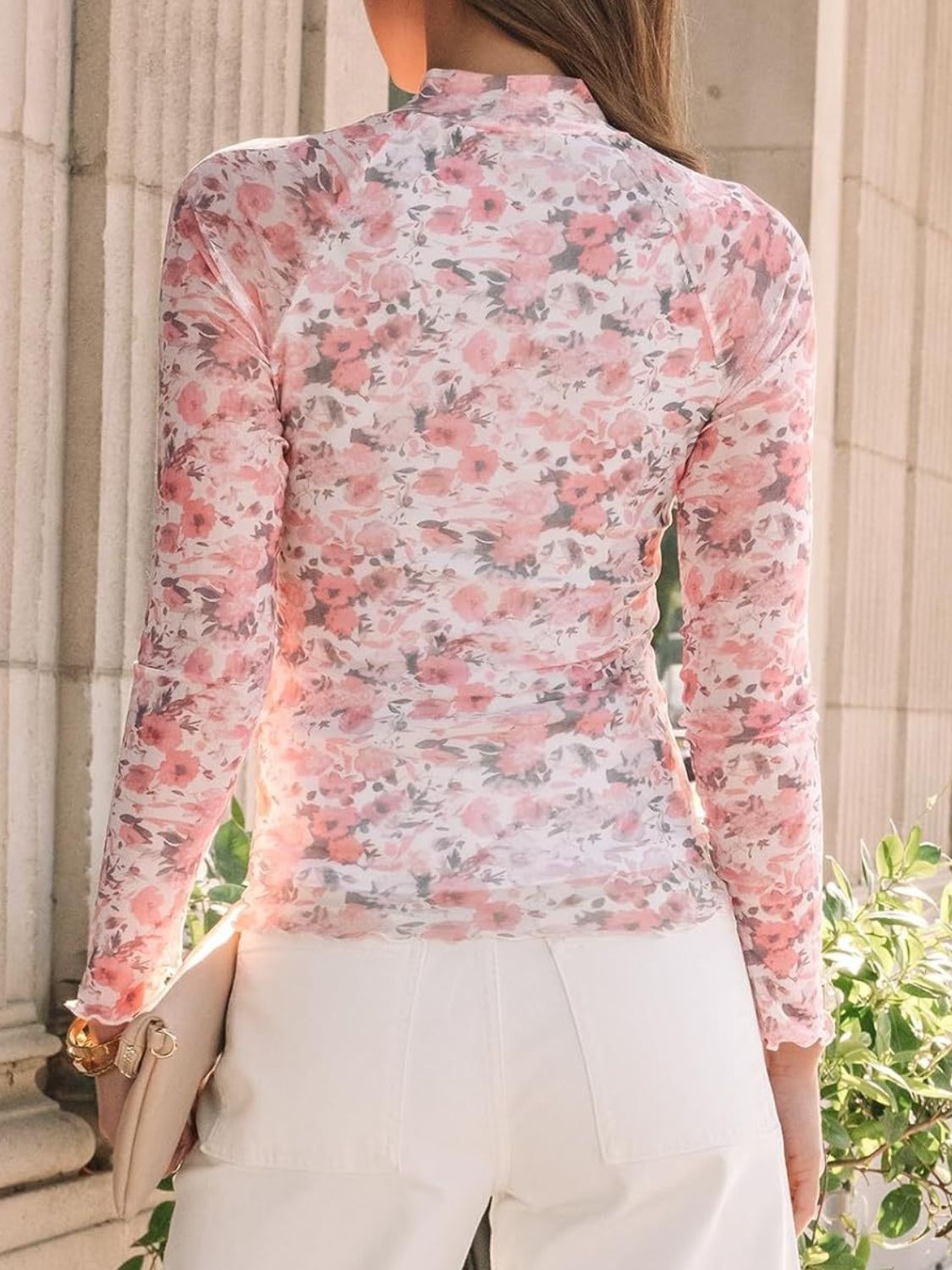 Romantic Floral Mesh Second-Skin Top in Blush Pink with long sleeves and a mock neck.