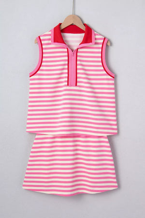 Pink and white striped cotton two-piece set with half-zip polo top and skirt.