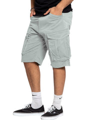 Light gray cargo shorts with multiple pockets and a relaxed fit.