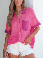 Waffle-knit button-down shirt in cerise with contrast pocket and cuffs.