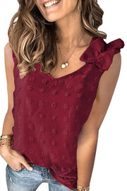 Burgundy textured ruffle-sleeve tank top with V-neck and bow detail.