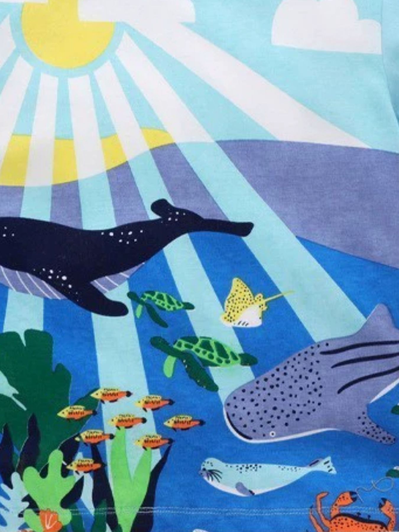 Toddler t-shirt with underwater scene, whales, turtles, fish, and sun graphic