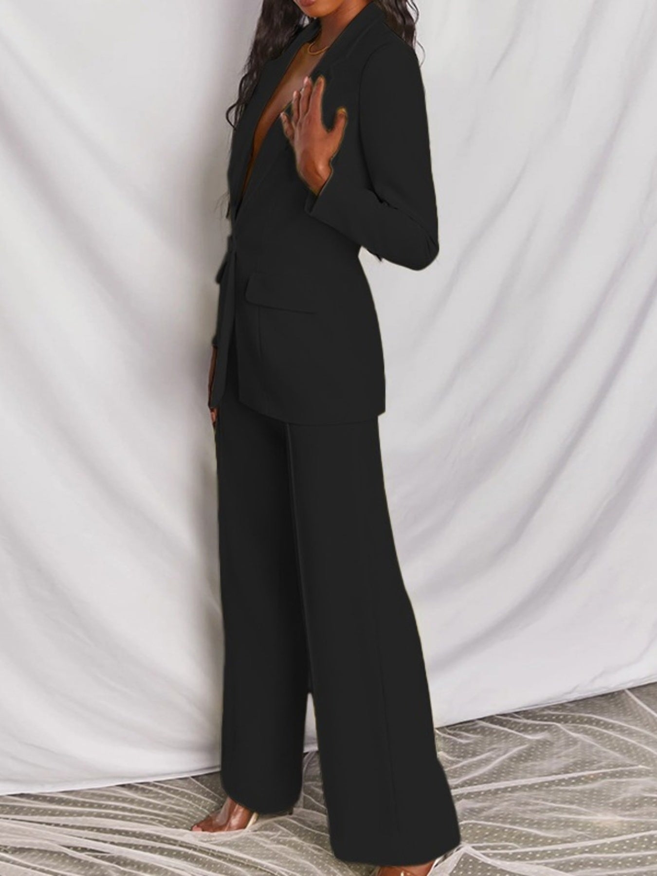 One Button Blazer And Wide-leg Pants Set Plus Size in Brown, fabric detail