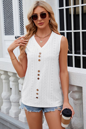 White perforated button-down sleeveless blouse with V-neck and wood buttons