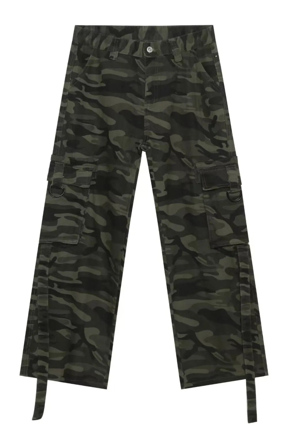 Wide-leg camo cargo pants in green camouflage with belt detail and D-ring cargo pockets.