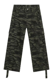 Wide-leg camo cargo pants in green camouflage with belt detail and D-ring cargo pockets.