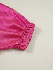 Lustrous deep rose metallic polyester maternity shirt with ruched cuff detail.