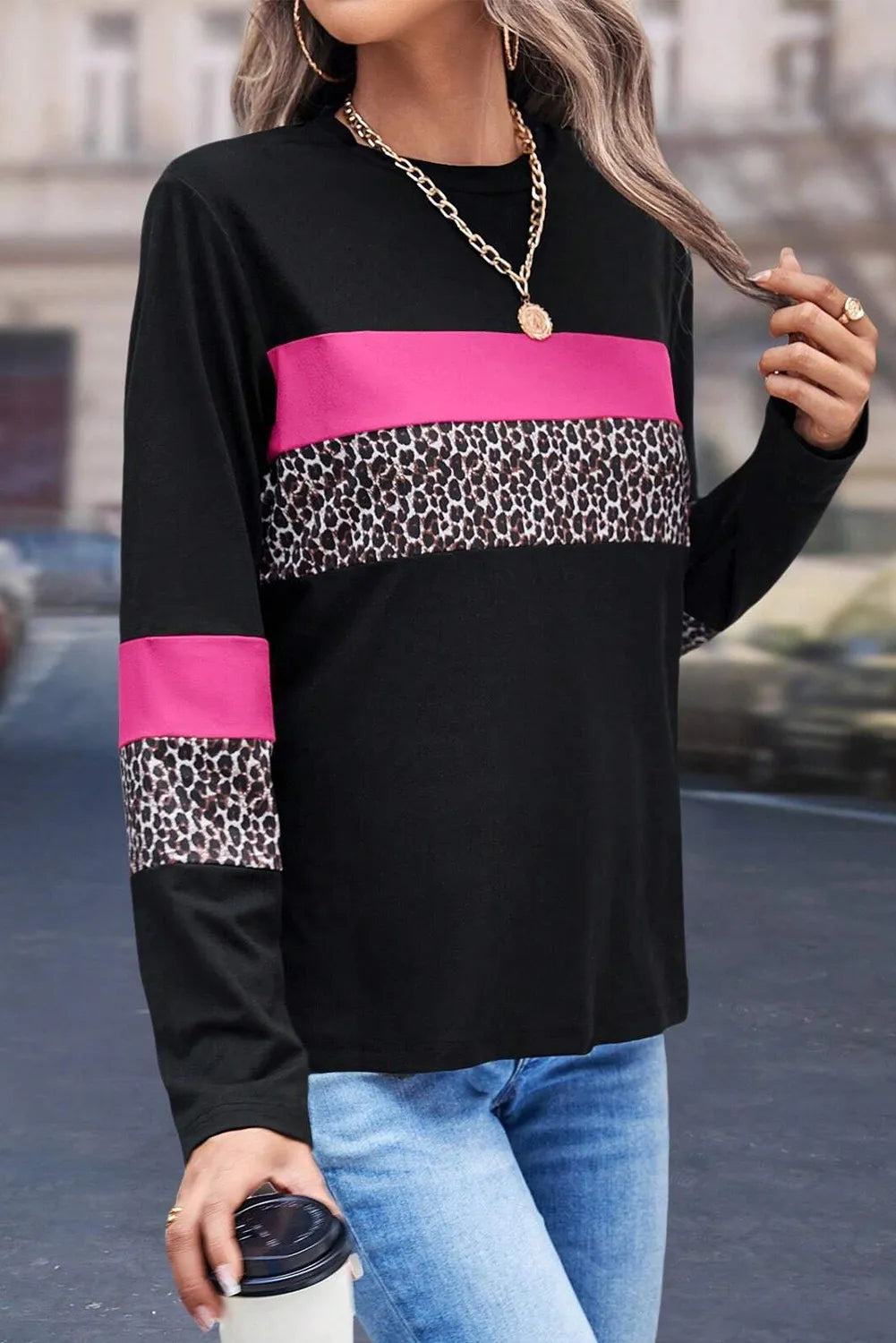 Colorblock leopard panel tee with fuchsia pink stripes and long sleeves.