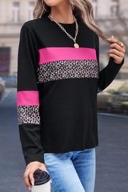 Colorblock leopard panel tee with fuchsia pink stripes and long sleeves.