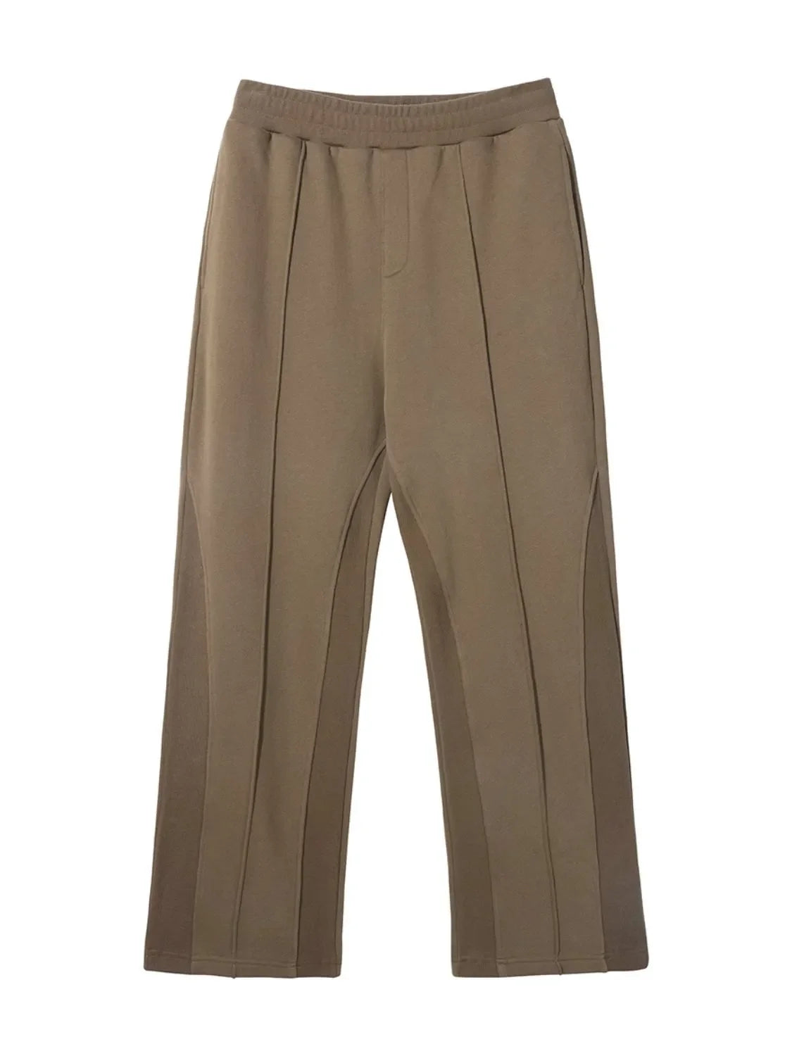 Taupe lounge trousers with vertical seam details and a relaxed fit.