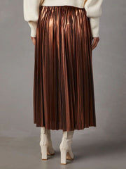 Metallic bronze accordion pleat midi skirt with a shiny finish.