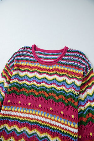 Multicolor crochet wave knit sweater with a crew neck and open knit details.
