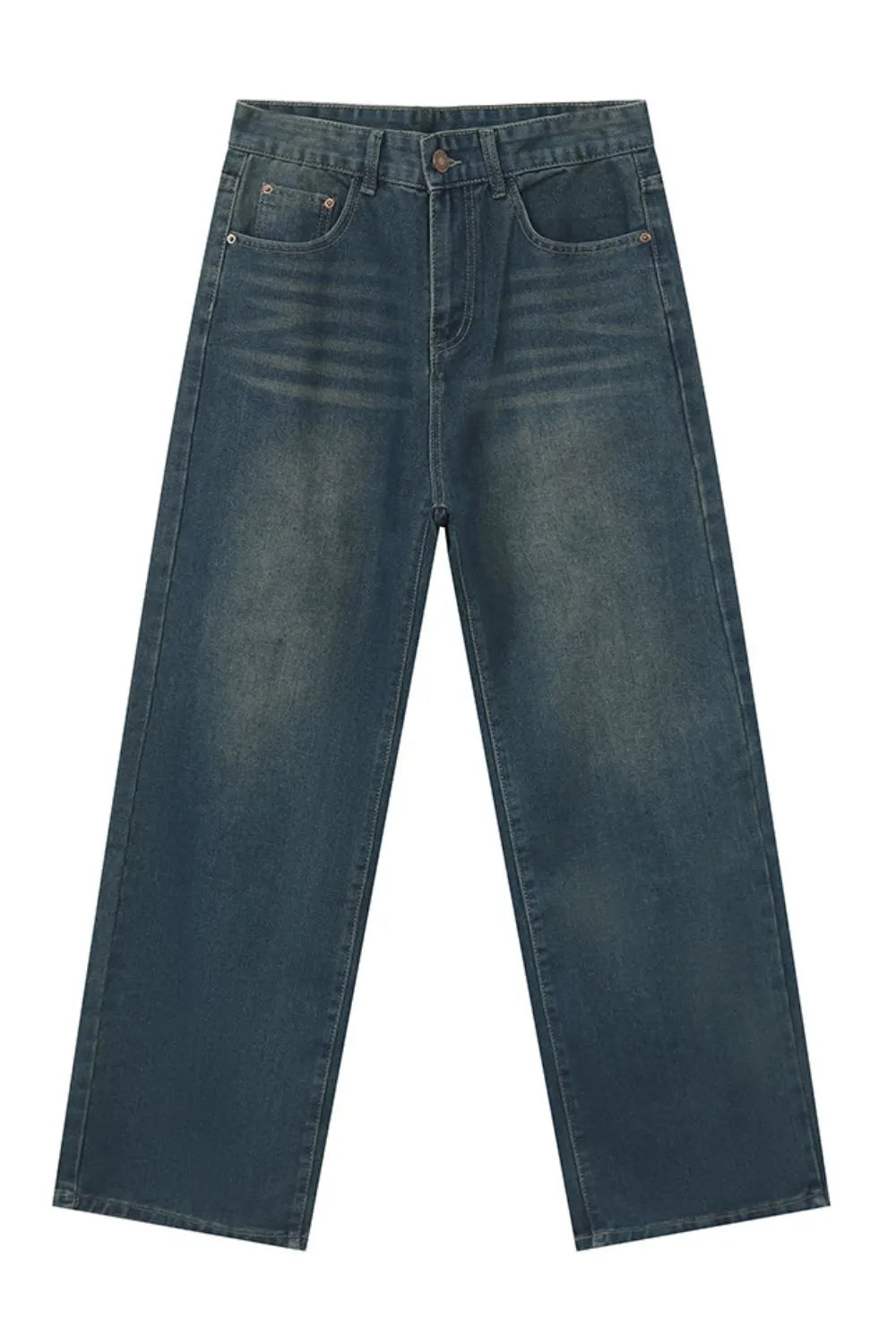 Baggy denim jeans in medium wash with subtle fading and a relaxed fit.