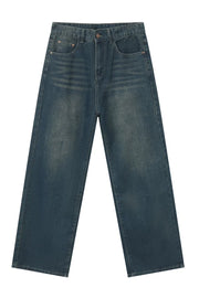 Baggy denim jeans in medium wash with subtle fading and a relaxed fit.