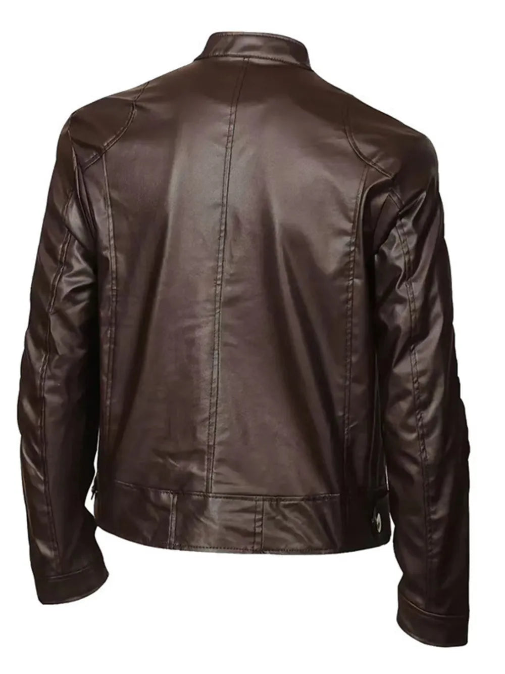 Brown faux leather zip-up jacket with stand-up collar and stitched details.