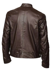 Brown faux leather zip-up jacket with stand-up collar and stitched details.