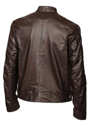 Brown faux leather zip-up jacket with stand-up collar and stitched details.