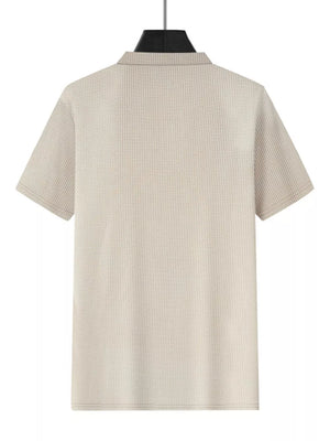 Light Gray waffle knit polo shirt, short sleeves, collared, back view.