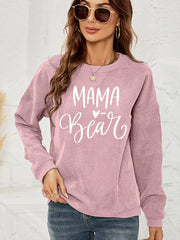 Dusty Pink textured corduroy sweatshirt with white "Mama Bear" graphic, crew neck, long sleeves.