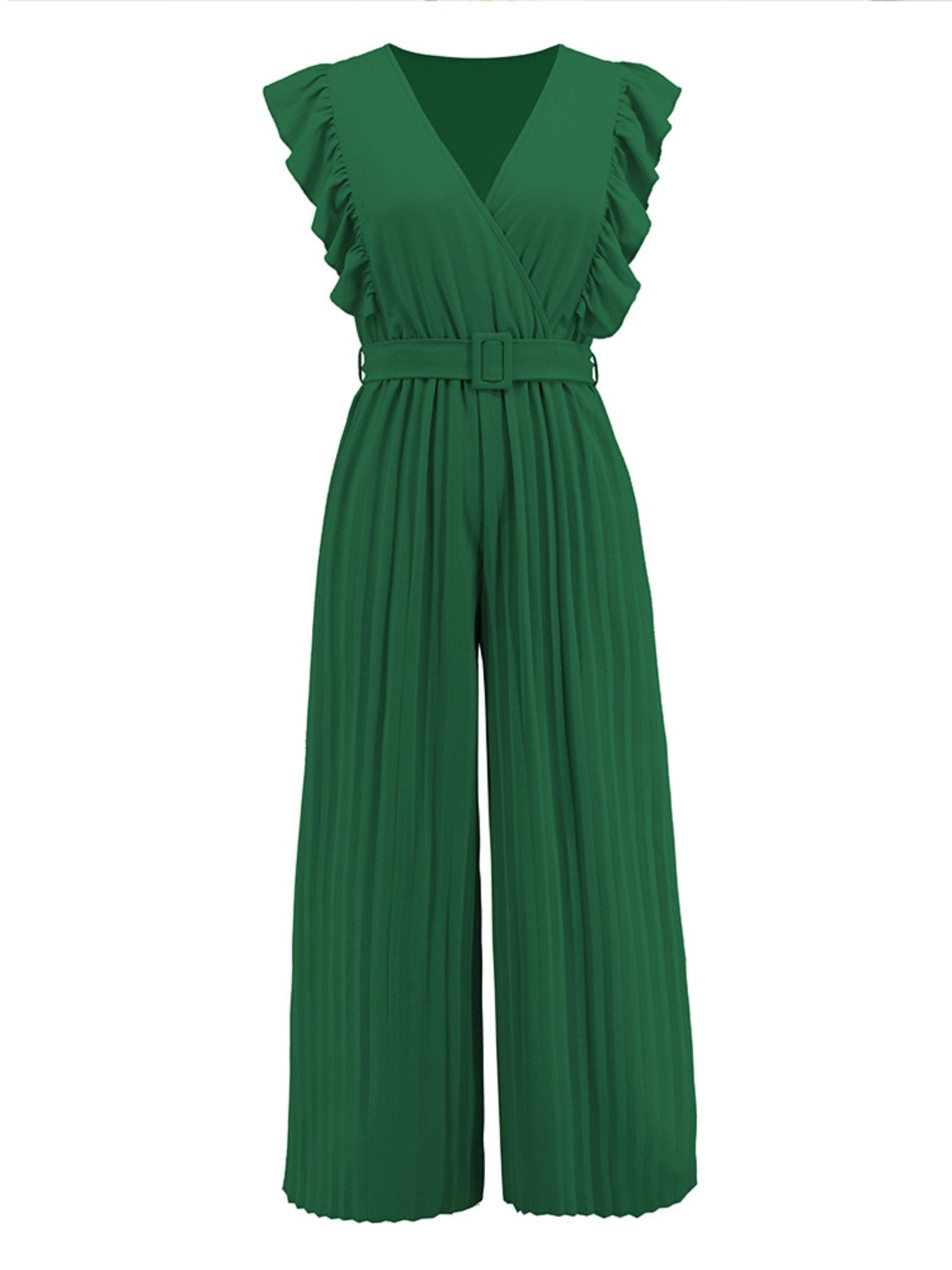 Dark green pleated ruffle wrap jumpsuit with belt
