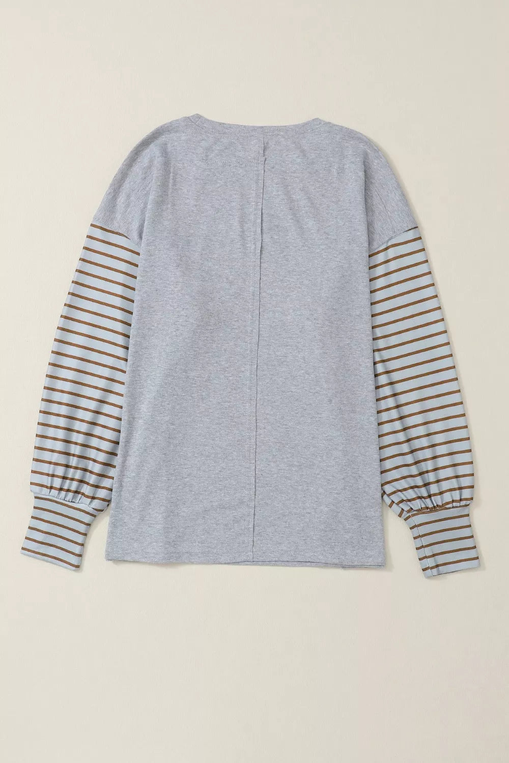 Maternity shirt in gray with striped bishop sleeves in blue and brown, crew neck