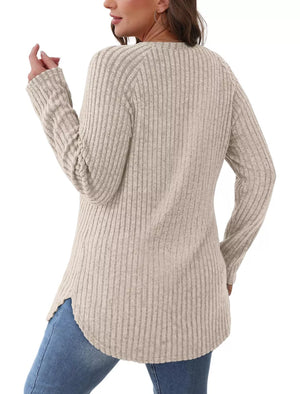 Ribbed knit long sleeve maternity tee in apricot with crew neck and curved hem.