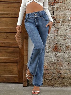 Medium wash cotton bootcut jeans with a high waist and button fly detail