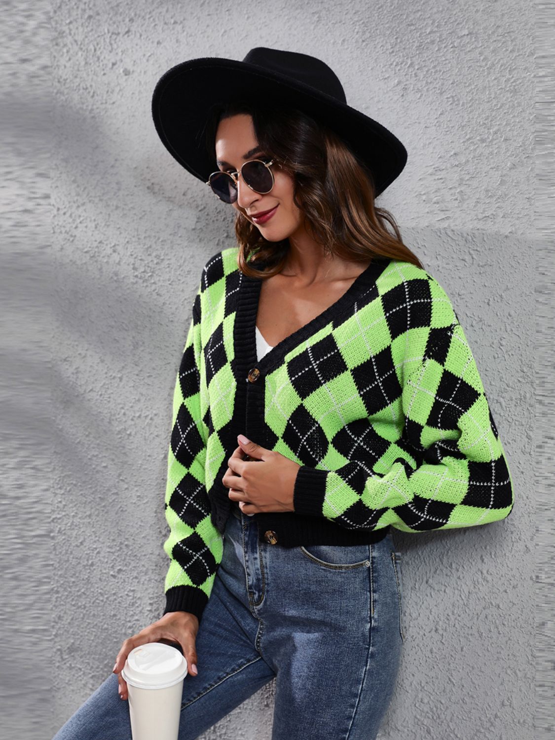 Argyle neon cropped cardigan with button front and v-neck