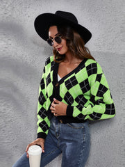 Argyle neon cropped cardigan with button front and v-neck