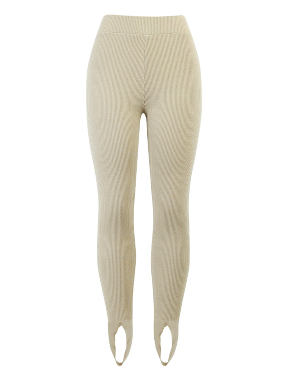 Camel ribbed knit stirrup leggings with a high waist.