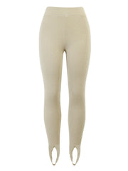 Camel ribbed knit stirrup leggings with a high waist.