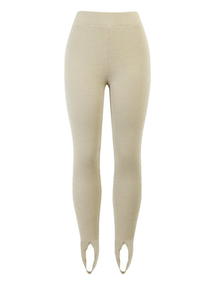 Camel ribbed knit stirrup leggings with a high waist.
