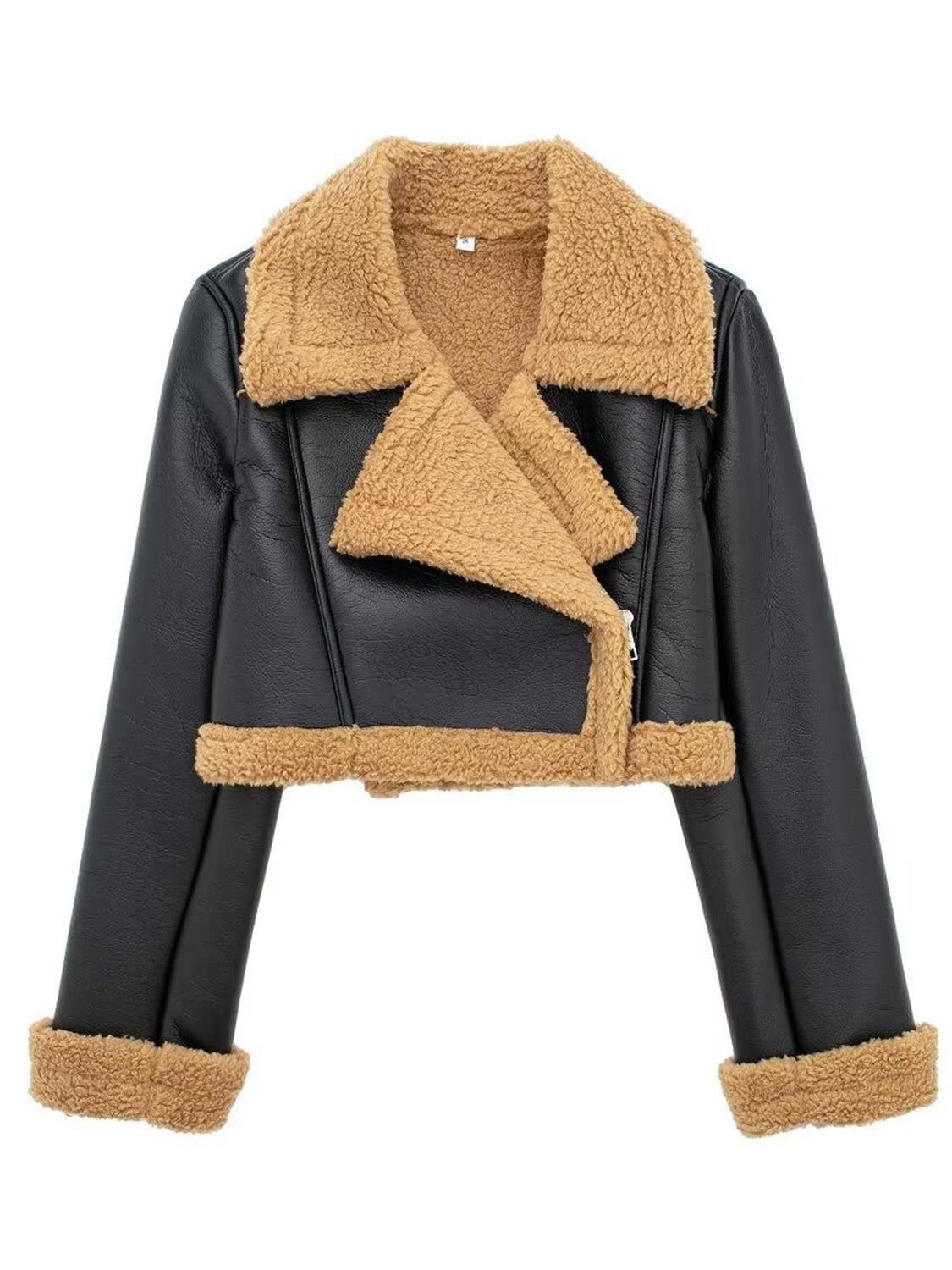 Black cropped aviator jacket with shearling trim and collar