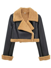 Black cropped aviator jacket with shearling trim and collar