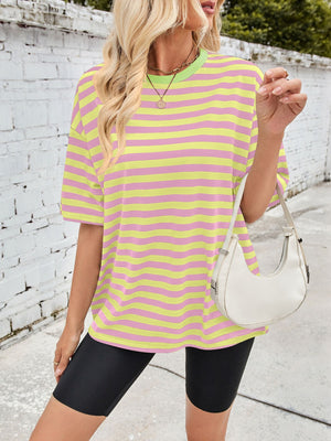 Relaxed fit t-shirt with pink and pastel yellow stripes and a contrast green neckline.