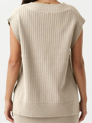 Tan ribbed knit V-neck tank sweater with cap sleeves and a relaxed fit.