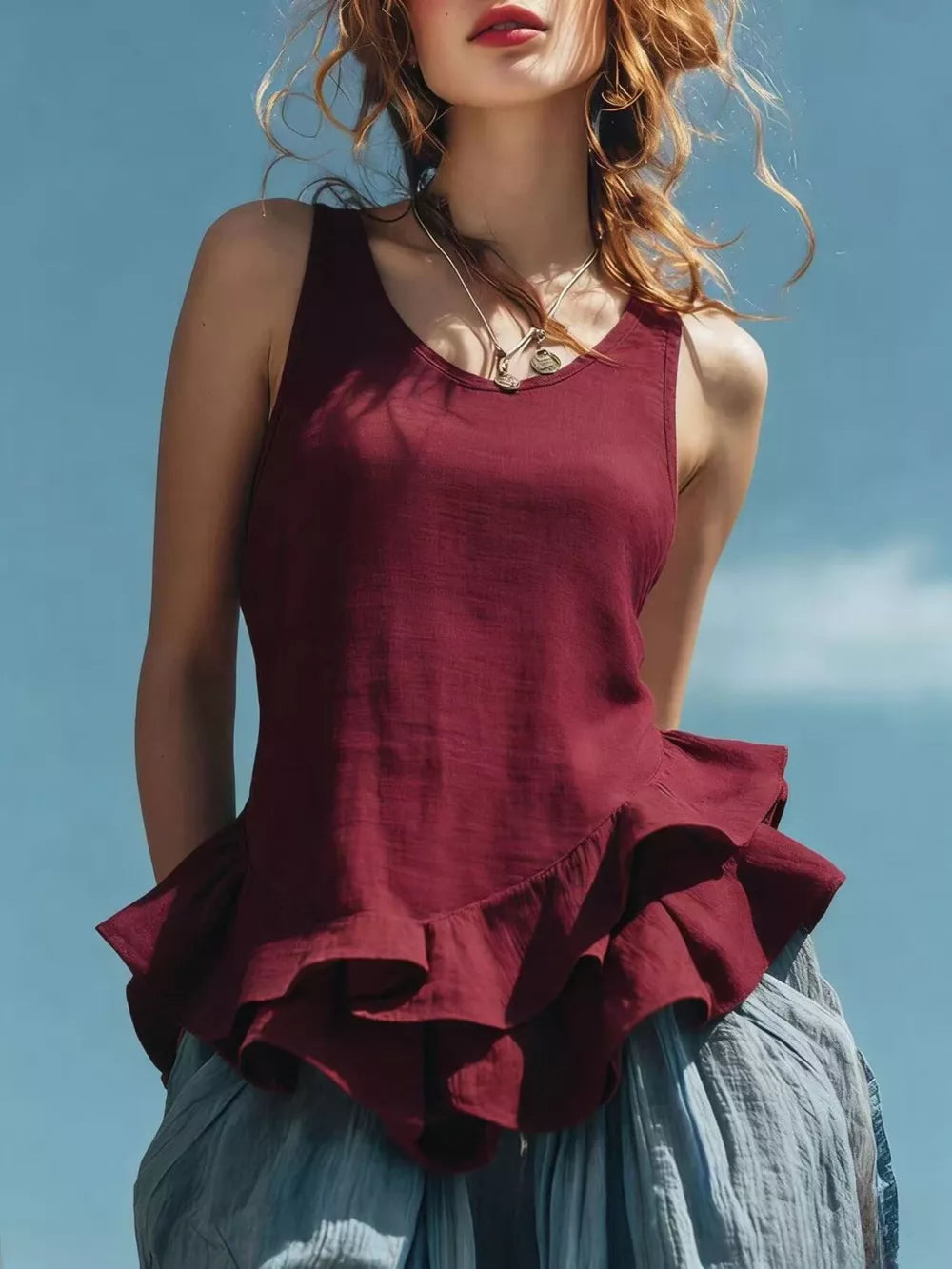 Burgundy sleeveless tank top with ruffled hem detail