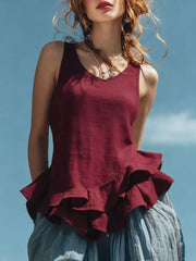 Burgundy sleeveless tank top with ruffled hem detail