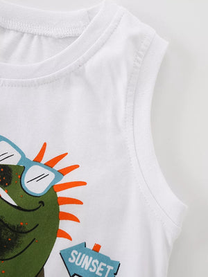White cotton toddler tank top with green lizard graphic wearing sunglasses and a sunset sign.