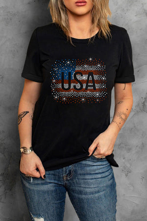 Black t-shirt with USA rhinestone graphic American flag design