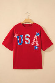 Patriotic Usa Embroidered Short Sleeve T-shirt, close-up detail