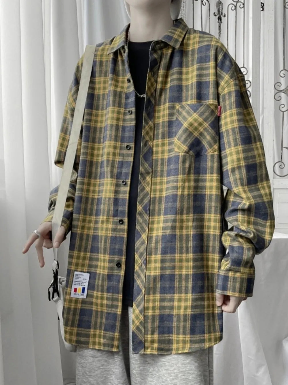 Men's Plus Size Plaid Button Up Shirt in Dark Gray, side view