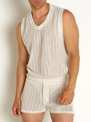 Textured knit tank and shorts loungewear set in ivory with vertical stripes.