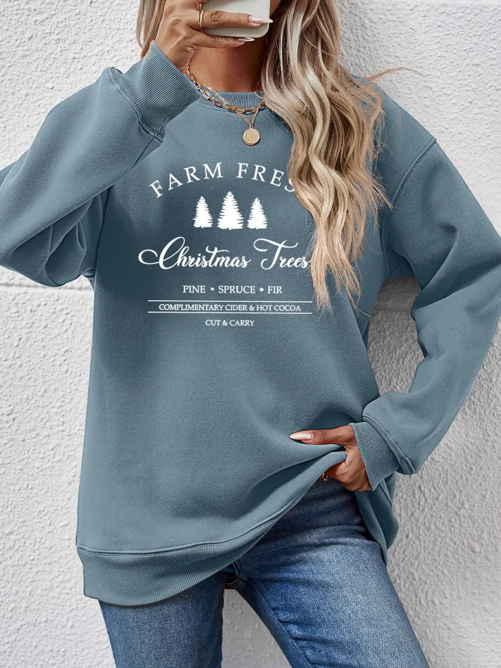 Misty Blue graphic sweatshirt with "Farm Fresh Christmas Trees" print, crewneck, long sleeves.