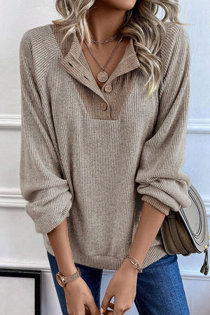 Mocha ribbed henley shirt with contrast collar and button detail
