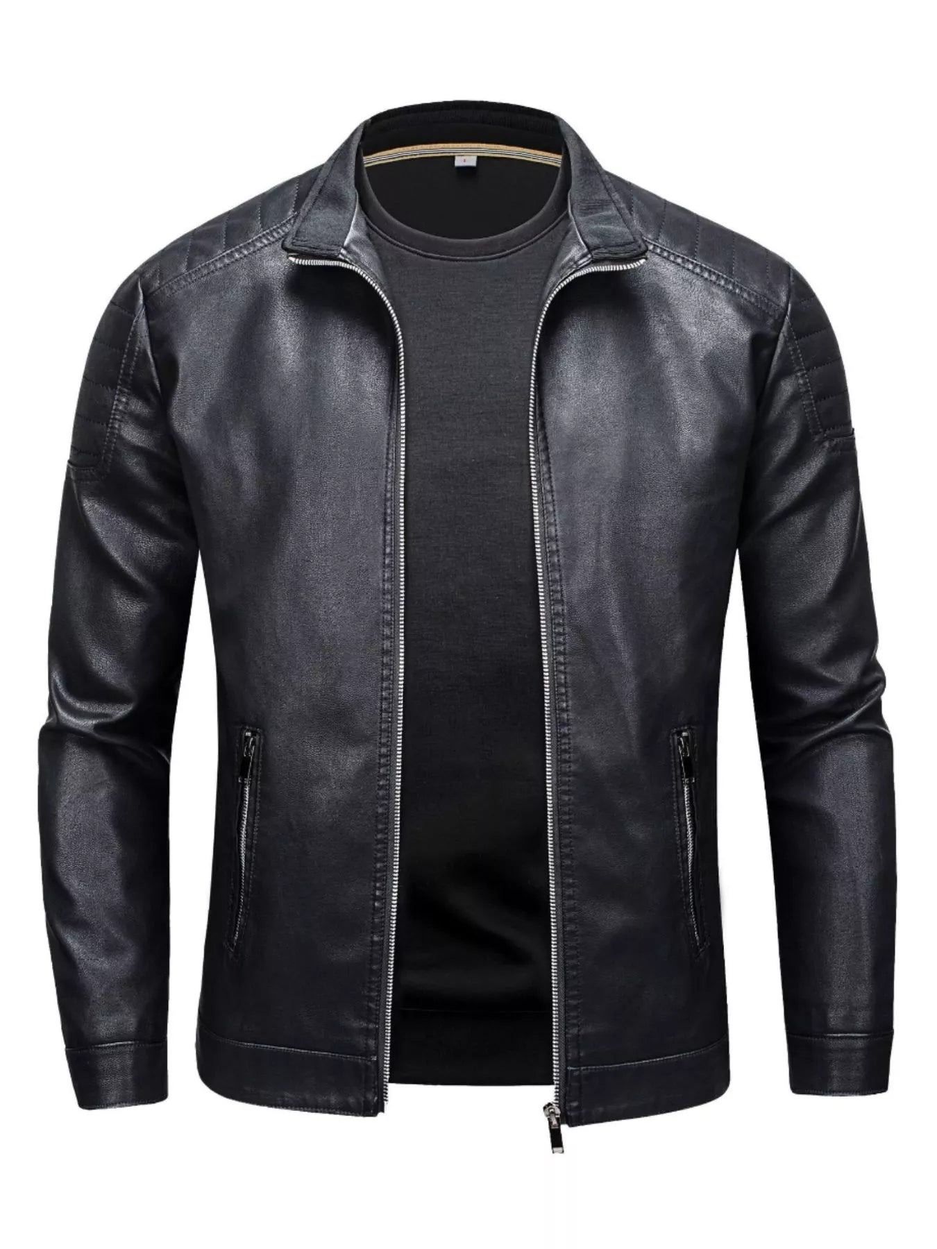 Black zip-up long-sleeve faux leather jacket with quilted shoulder details and zippered pockets.