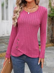Deep Rose striped knit top with round neck and asymmetrical button detail